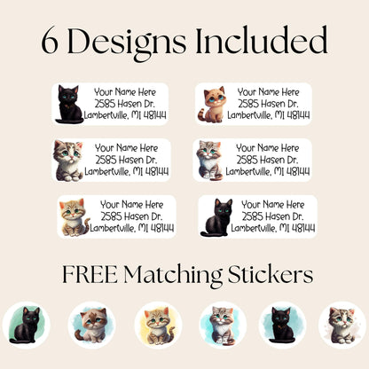 Pretty Cats Return Address Labels, FREE Matching Envelope Seal Stickers, Personalized Cat mom Gift, 6 designs, Black, Siamese, Orange, Tabby - The Pawprint Paperie
