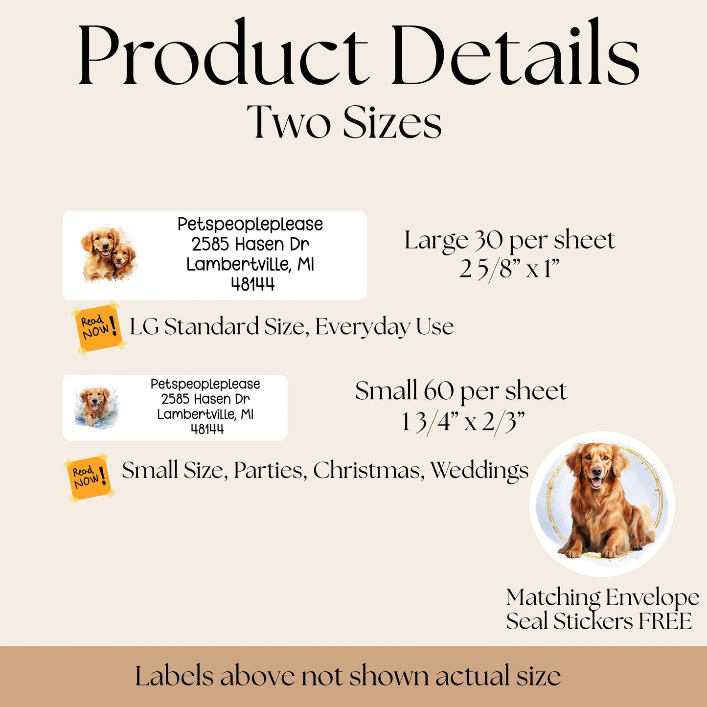 Golden Retriever Return Address Label Sheet, FREE Matching Envelope Seal Stickers, Personalized mailing Dog Mom Gift, Snail Mail Gift Set - The Pawprint Paperie
