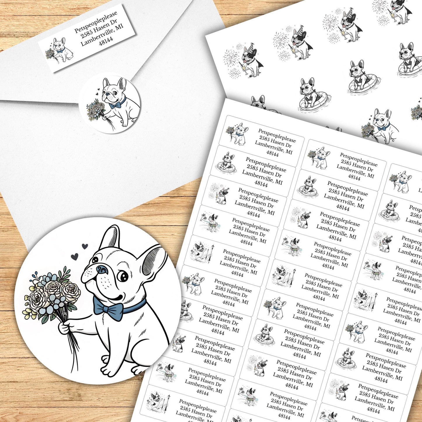 Personalized French Bulldog return address label, Custom Frenchie envelope addressing, Minimalist line art - Letter Seal Stickers - The Pawprint Paperie
