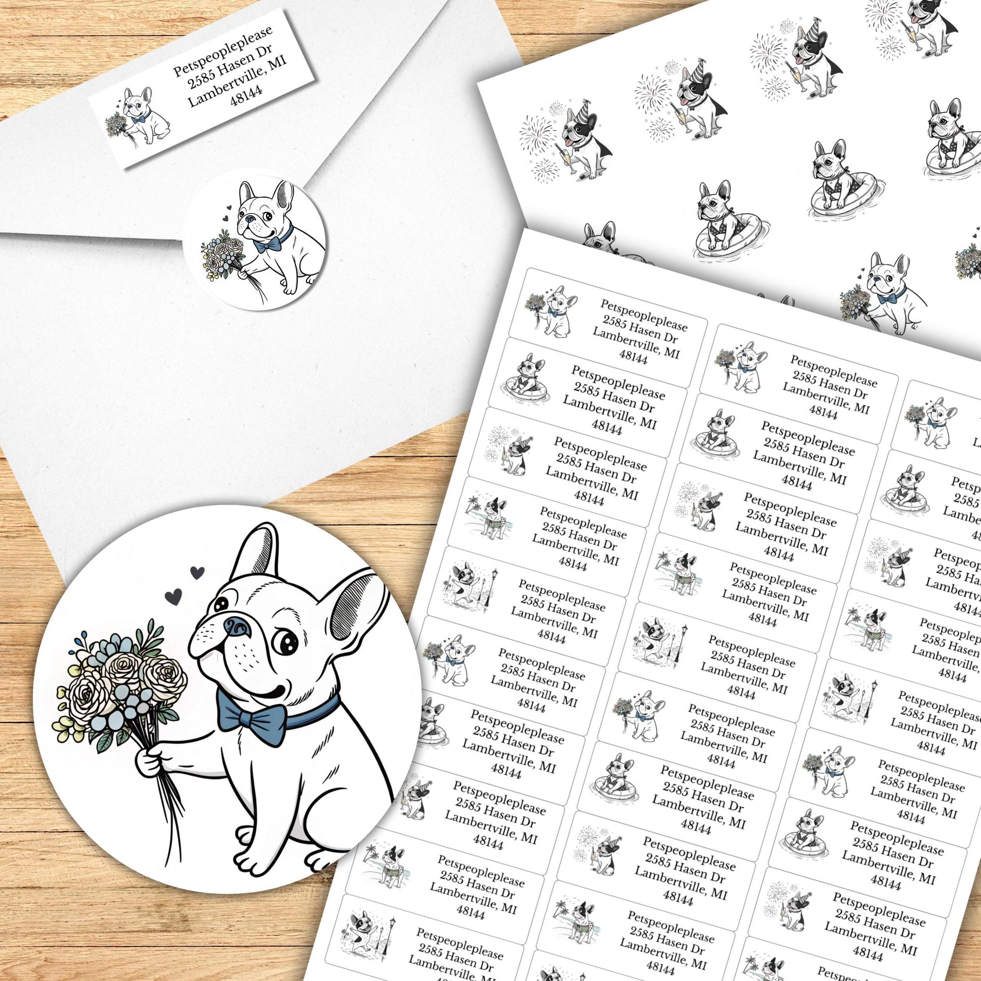 Personalized French Bulldog return address label, Custom Frenchie envelope addressing, Minimalist line art - Letter Seal Stickers - The Pawprint Paperie