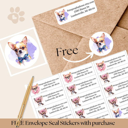 Pretty Chihuahua Dog Return Address Labels FREE Matching Stickers - Coquette Aesthetic Custom Personalized Snail Mail, Gift for Dog Lover - The Pawprint Paperie
