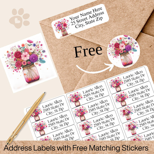 Flower Mason Jar Return Address Labels, Spring Bloom Floral Envelope Stickers FREE, Custom Pink Labels, Cottagecore Garden Themed Gift - The Pawprint Paperie