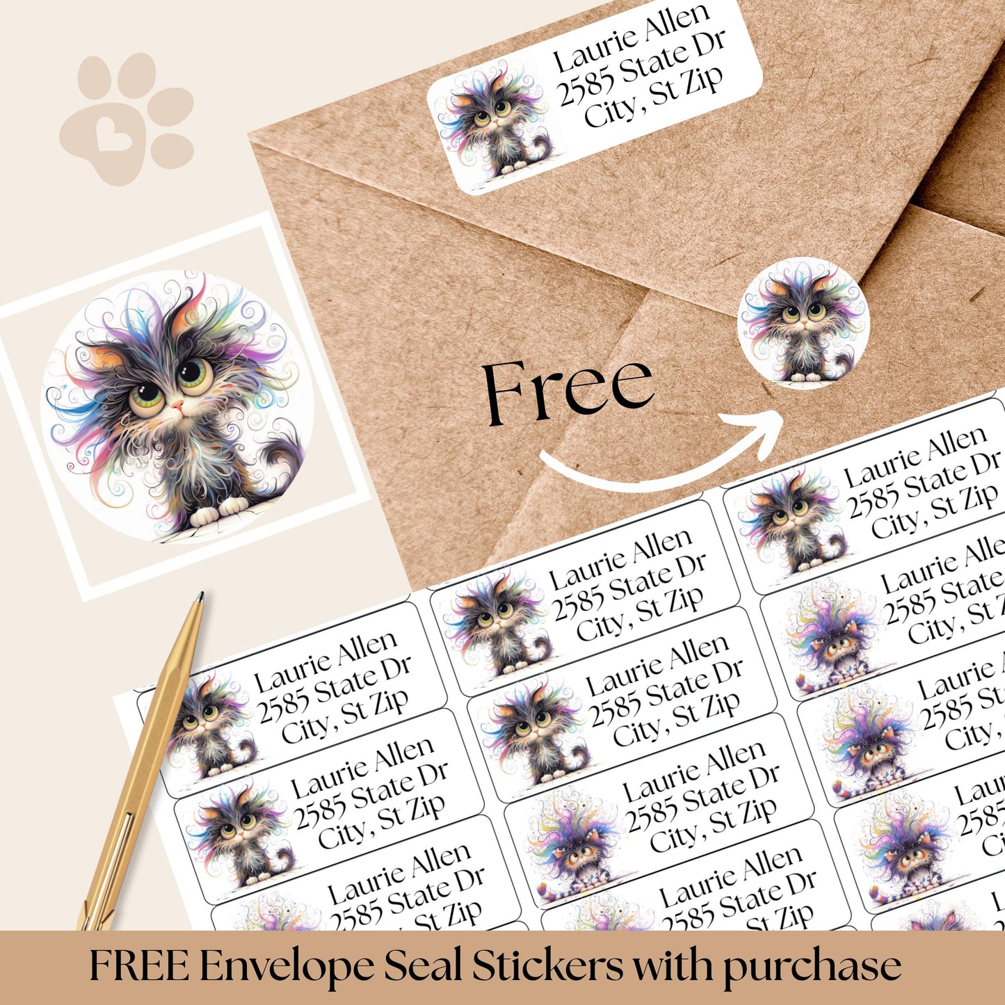Funny Rainbow Cat Return Address Labels with FREE Envelope Seals - The Pawprint Paperie