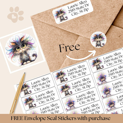 Funny Rainbow Cat Return Address Labels with FREE Envelope Seals - The Pawprint Paperie