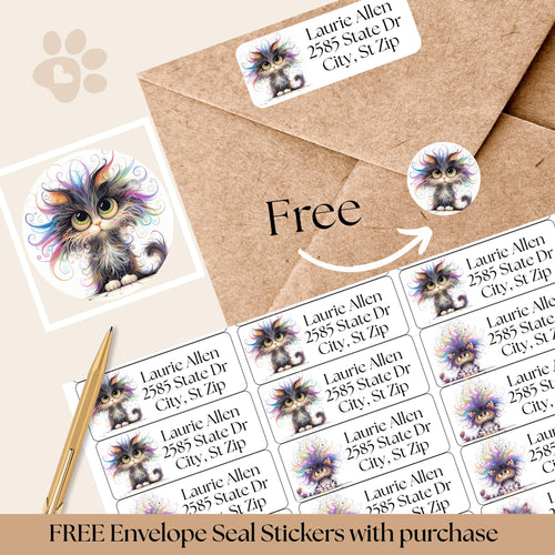 Funny Rainbow Cat Return Address Labels with FREE Envelope Seals - The Pawprint Paperie