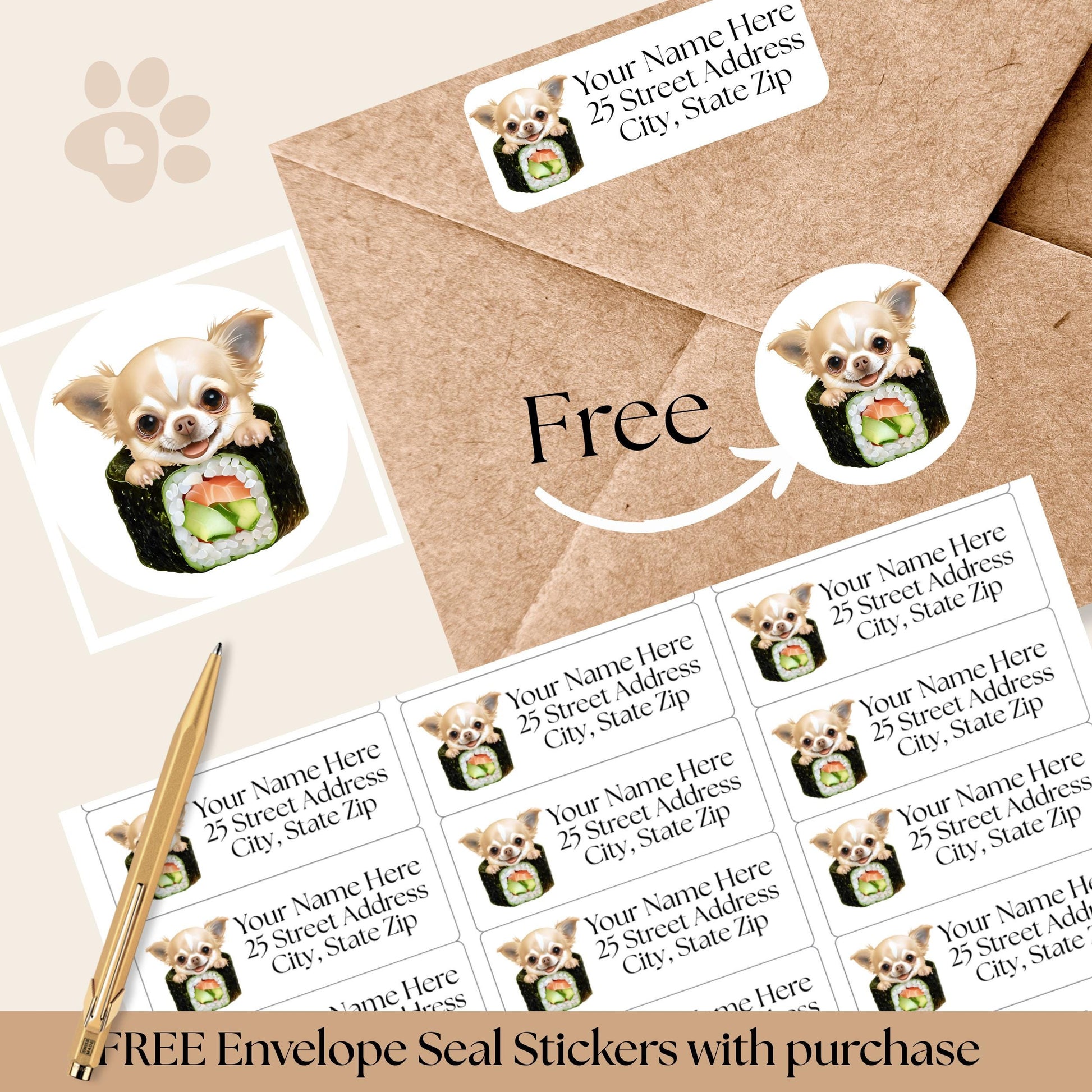 Chihuahua Return Address Label & Envelope Seal Sticker Set, Funny Personalized Chihuahua mom gift, Sushi Lover Dog Labels, FREE Stickers - The Pawprint Paperie