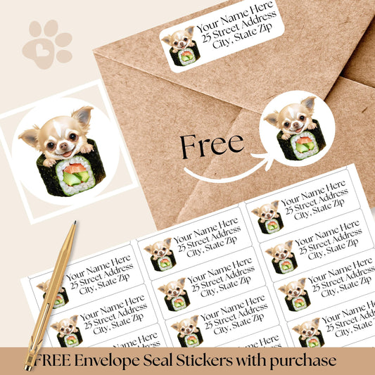 Chihuahua Return Address Label & Envelope Seal Sticker Set, Funny Personalized Chihuahua mom gift, Sushi Lover Dog Labels, FREE Stickers - The Pawprint Paperie