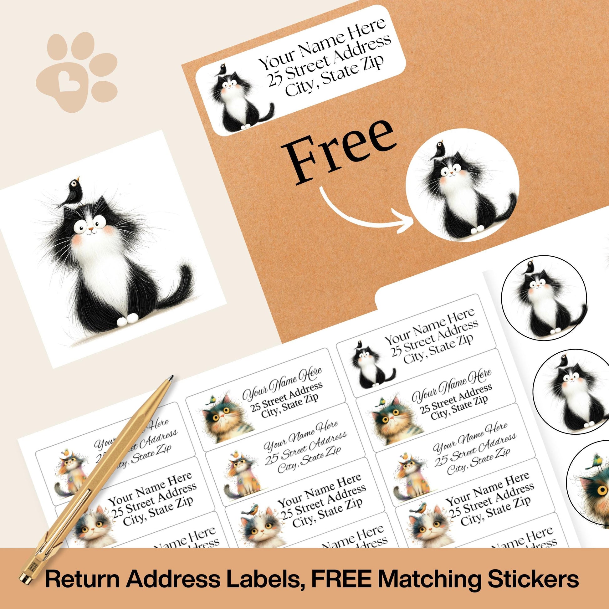 Funny Cat & Birds Return Address Labels with FREE Stickers - The Pawprint Paperie