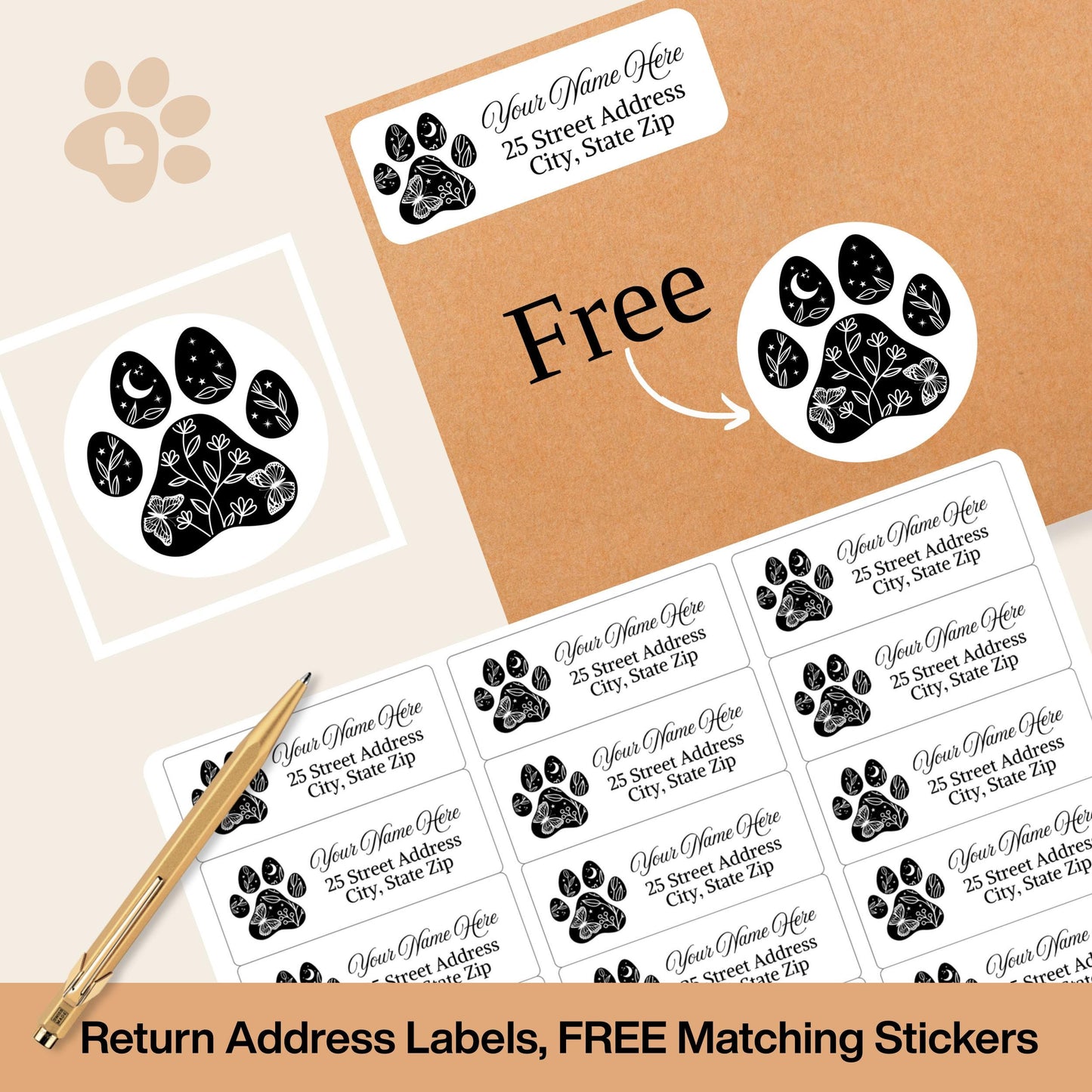 Paw Print Address Labels, 8 Design Choices, Free Envelope Seals, Custom Printed Stickers - The Pawprint Paperie