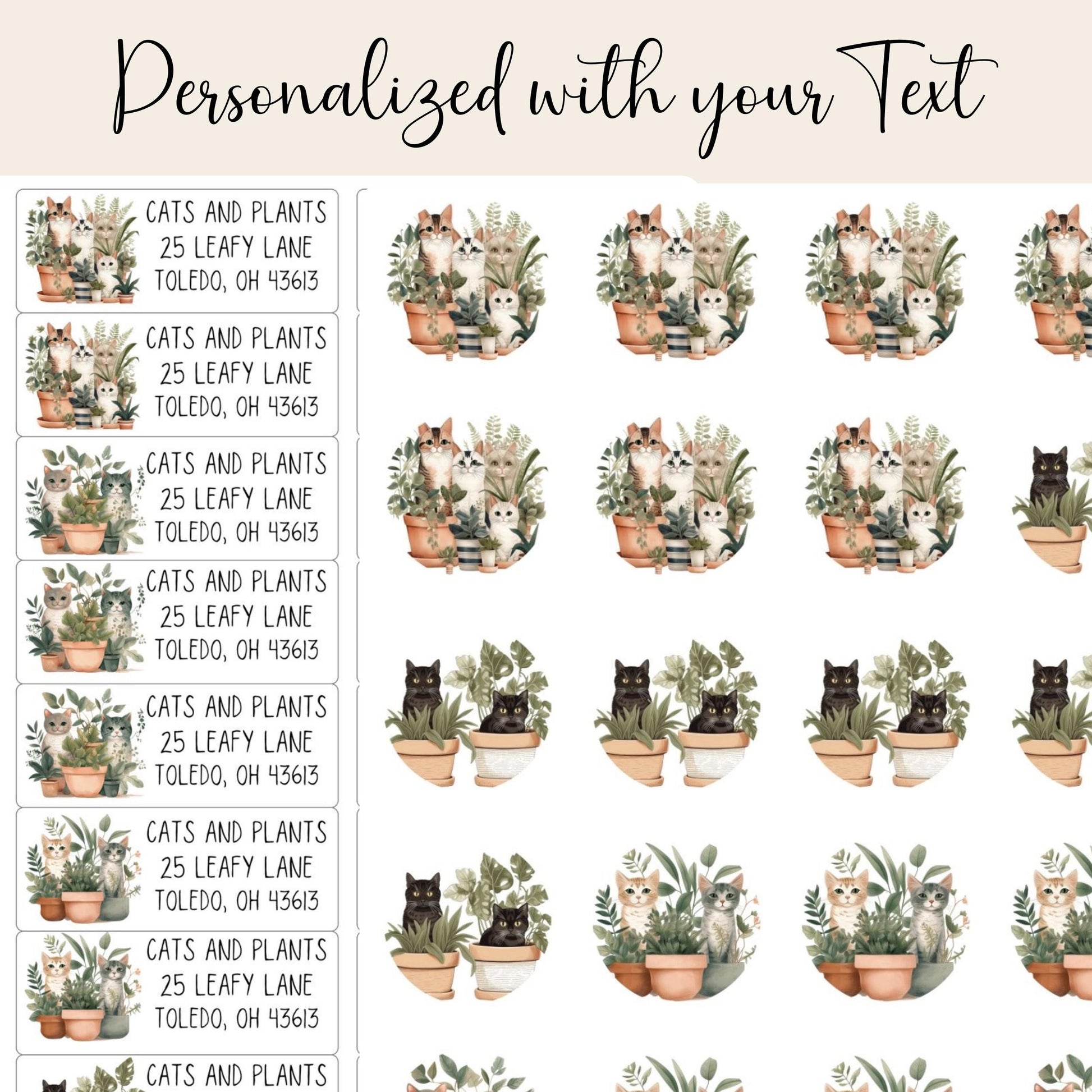 Cats and Plants Return Address Labels, Botanical Cat Envelope Stickers, FREE Bonus Seals, Cute Custom Mailing Label, Unique Cat Mom Gift - The Pawprint Paperie
