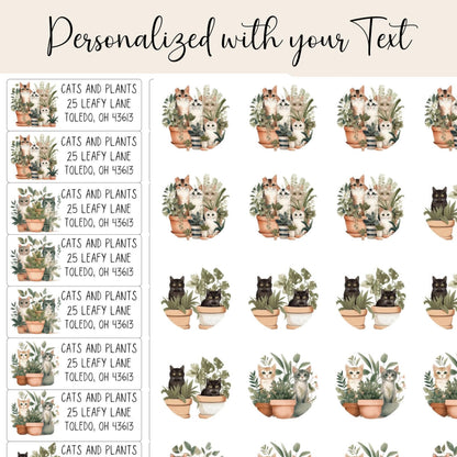 Cats and Plants Return Address Labels, Botanical Cat Envelope Stickers, FREE Bonus Seals, Cute Custom Mailing Label, Unique Cat Mom Gift - The Pawprint Paperie