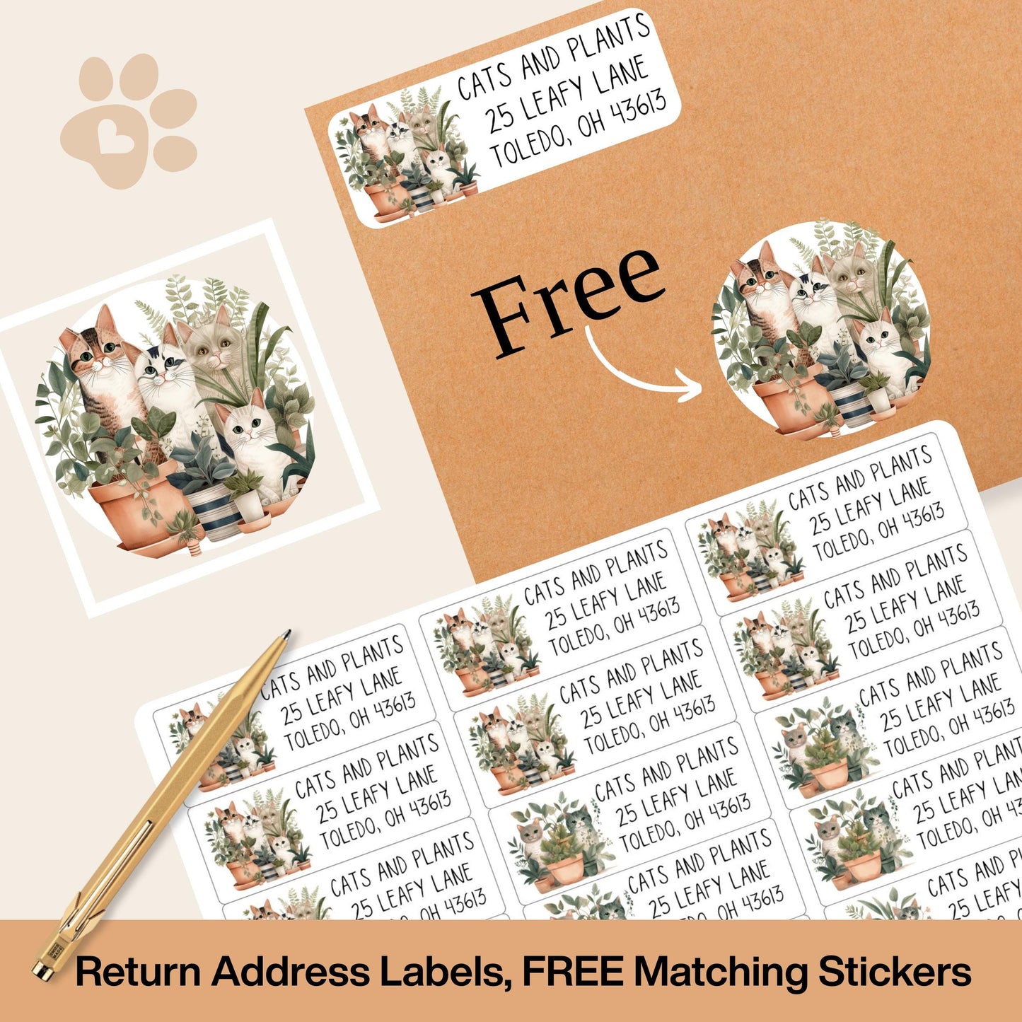 Cats and Plants Return Address Labels, Botanical Cat Envelope Stickers, FREE Bonus Seals, Cute Custom Mailing Label, Unique Cat Mom Gift - The Pawprint Paperie