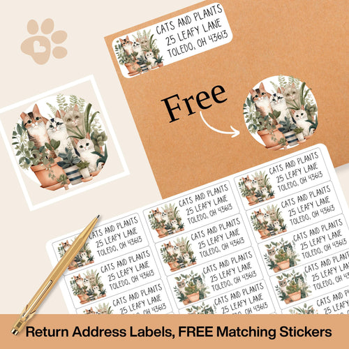 Cats and Plants Return Address Labels, Botanical Cat Envelope Stickers, FREE Bonus Seals, Cute Custom Mailing Label, Unique Cat Mom Gift - The Pawprint Paperie