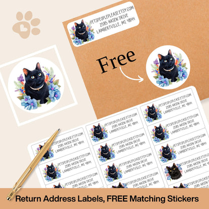 Black Cat Floral Return Address Labels, Cute Envelope Seal Stickers FREE, Printed Cat Labels for Snail Mail, Happy Mail, Pen Pals Gifts - The Pawprint Paperie