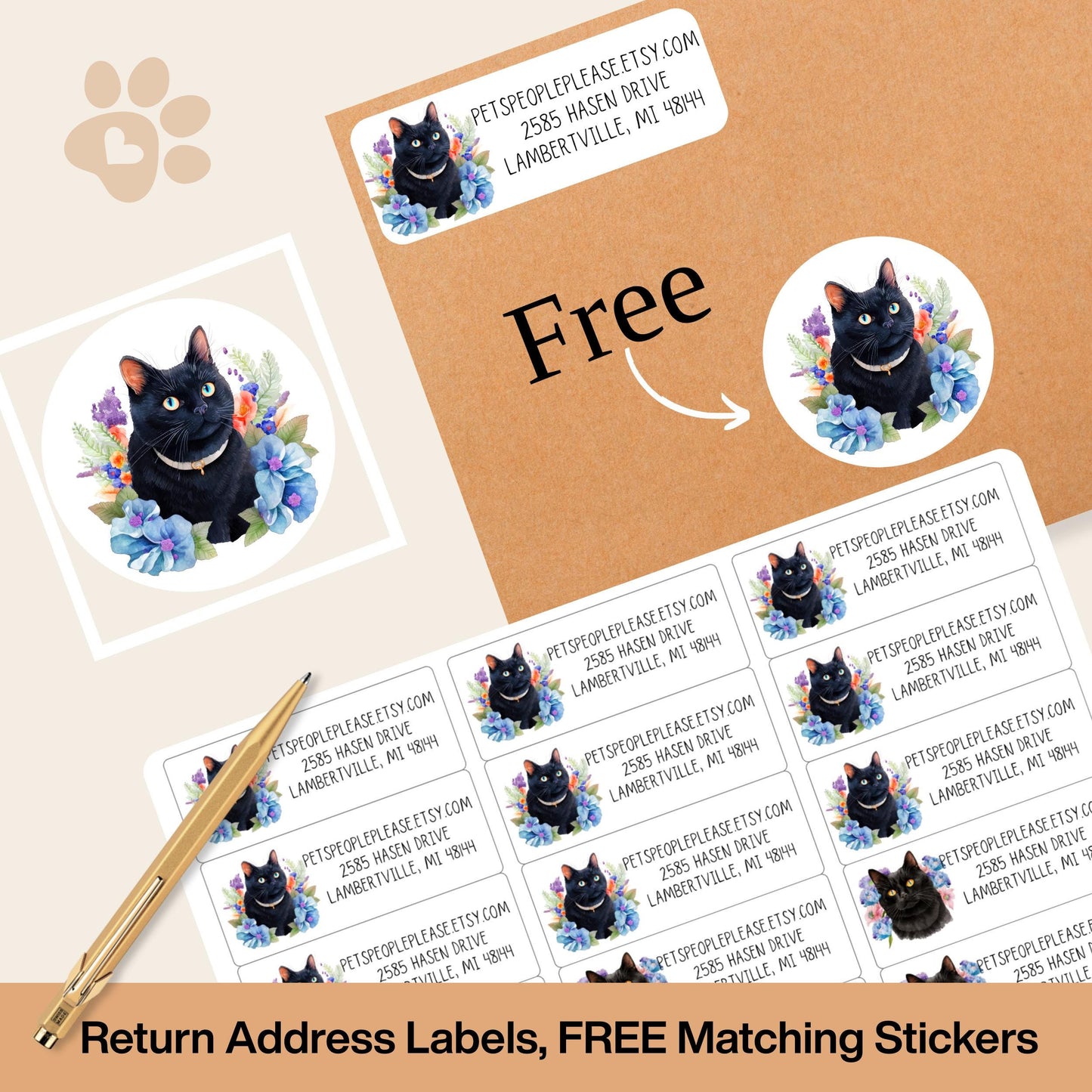 Black Cat Floral Return Address Labels, Cute Envelope Seal Stickers FREE, Printed Cat Labels for Snail Mail, Happy Mail, Pen Pals Gifts - The Pawprint Paperie