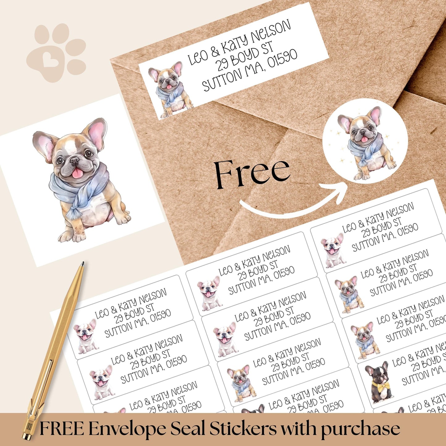 French Bulldog return address label stickers: Personalized name labels, Great gift for the dog lover, Optional Envelope sealing stickers - The Pawprint Paperie