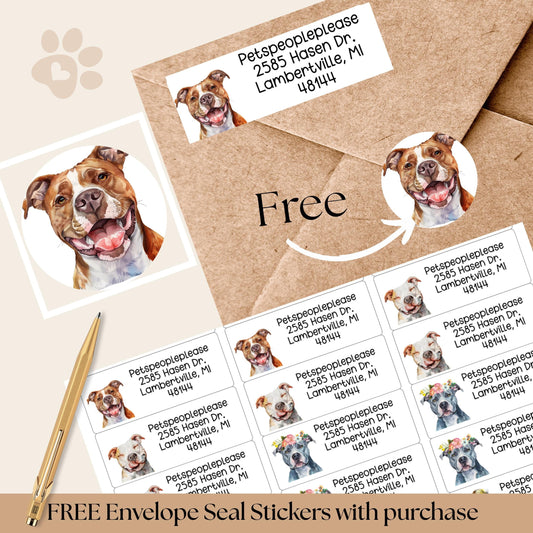 Custom Pitbull Return Address Labels, Watercolor art cute dogs, FREE matching envelope seal stickers, Mailing Envelope seals, Dog mom gift - The Pawprint Paperie