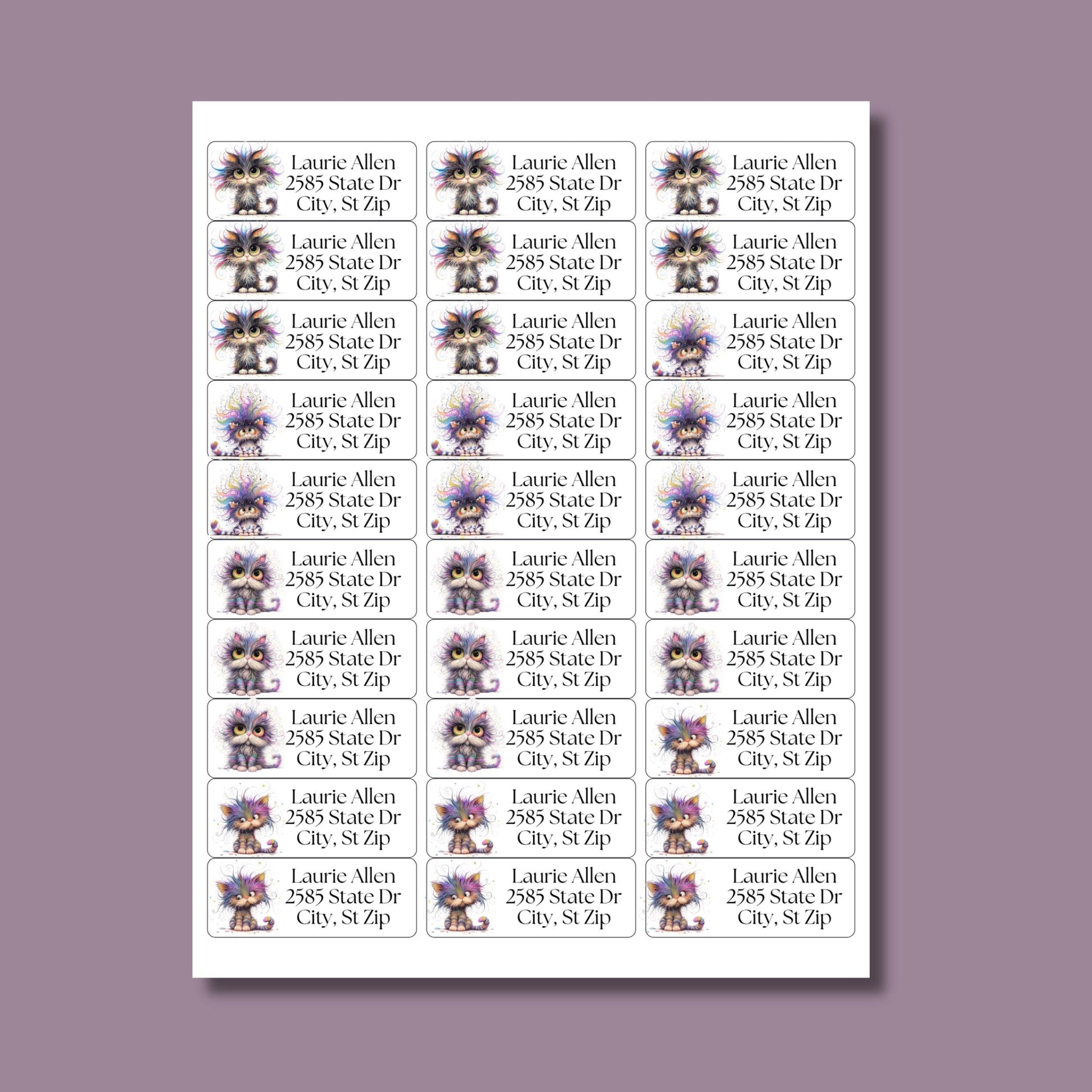 Funny Rainbow Cat Return Address Labels with FREE Envelope Seals - The Pawprint Paperie