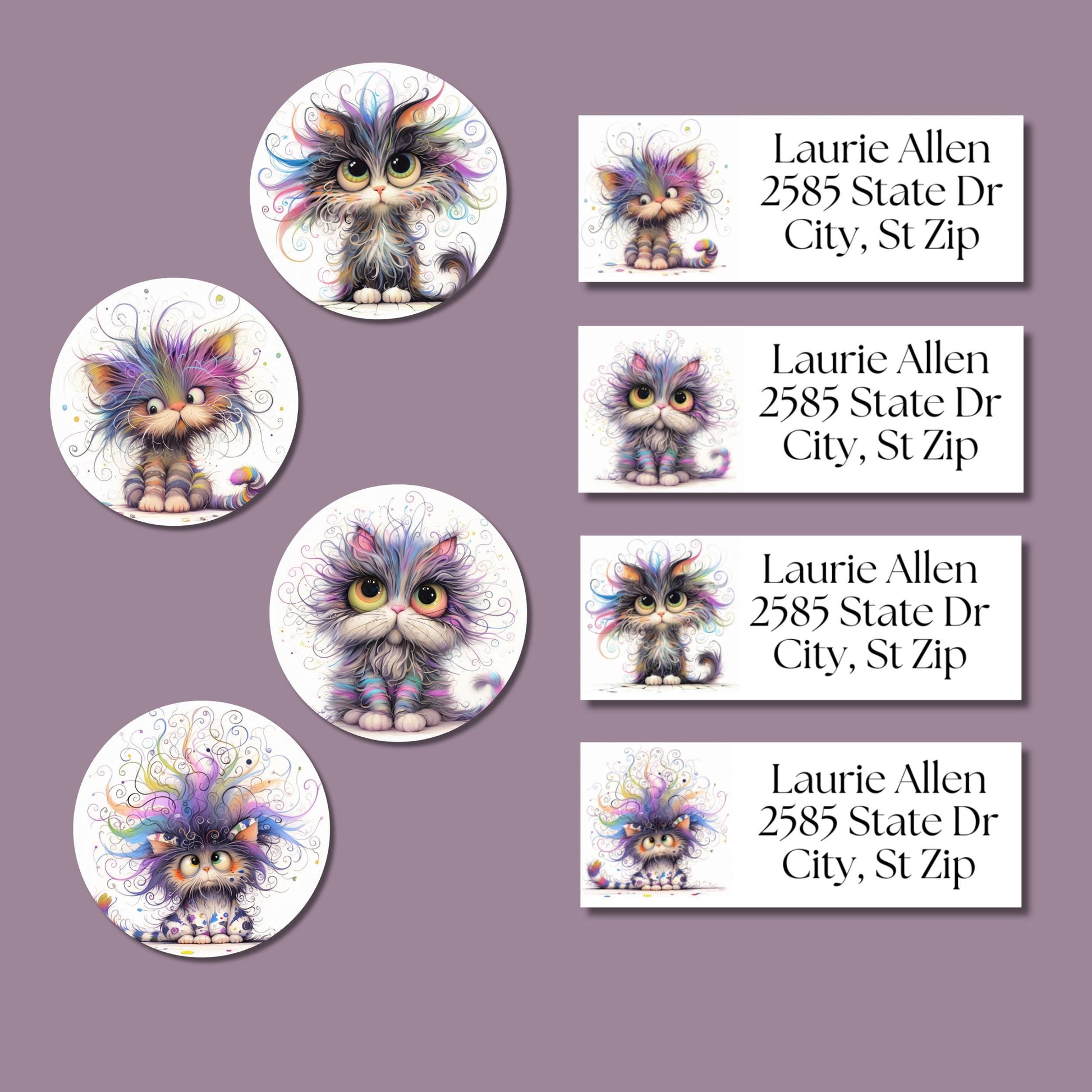 Funny Rainbow Cat Return Address Labels with FREE Envelope Seals - The Pawprint Paperie