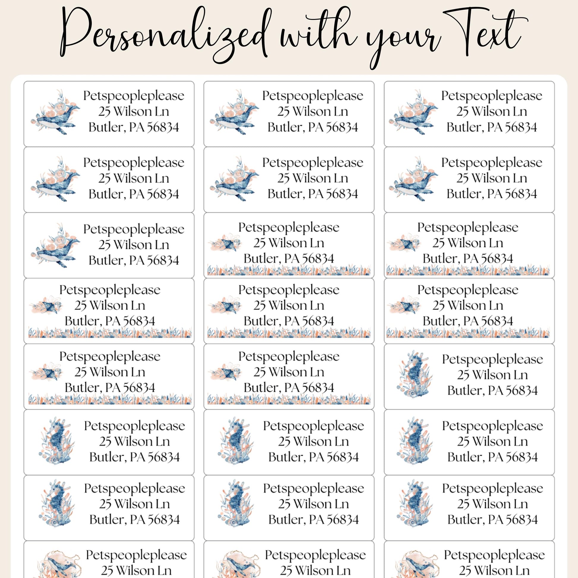 Underwater Ocean Address Labels with FREE Seal Stickers, Watercolor Coastal Sea Life , Nautical Envelope Labels, Beachy Mail Supplies, Whale - The Pawprint Paperie