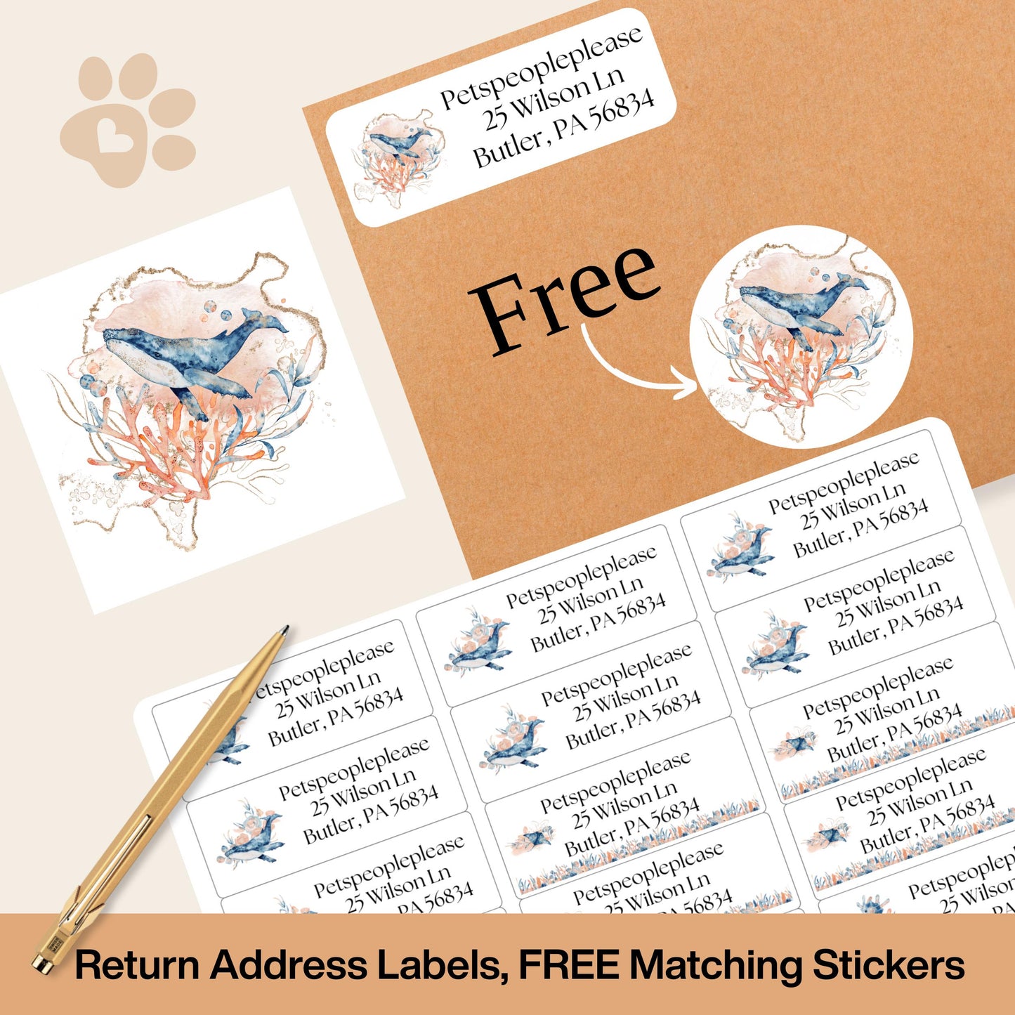 Underwater Ocean Address Labels with FREE Seal Stickers, Watercolor Coastal Sea Life , Nautical Envelope Labels, Beachy Mail Supplies, Whale - The Pawprint Paperie