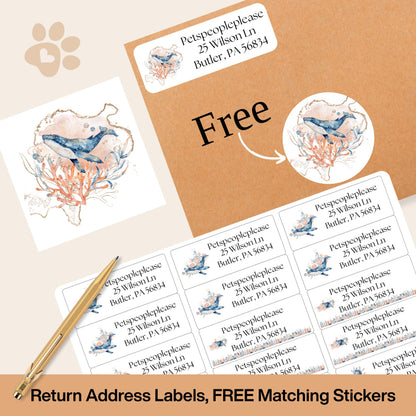Underwater Ocean Address Labels with FREE Seal Stickers, Watercolor Coastal Sea Life , Nautical Envelope Labels, Beachy Mail Supplies, Whale - The Pawprint Paperie