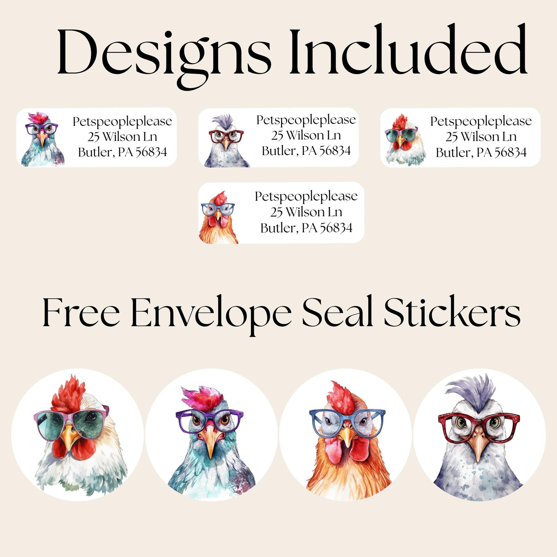 Funny Chickens With Glasses Address Labels With FREE Matching Stickers, Envelope name tags, Custom chicken lady gift, Housewarming new home - The Pawprint Paperie