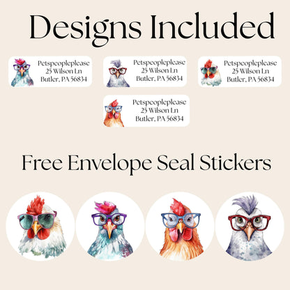 Funny Chickens With Glasses Address Labels With FREE Matching Stickers, Envelope name tags, Custom chicken lady gift, Housewarming new home - The Pawprint Paperie