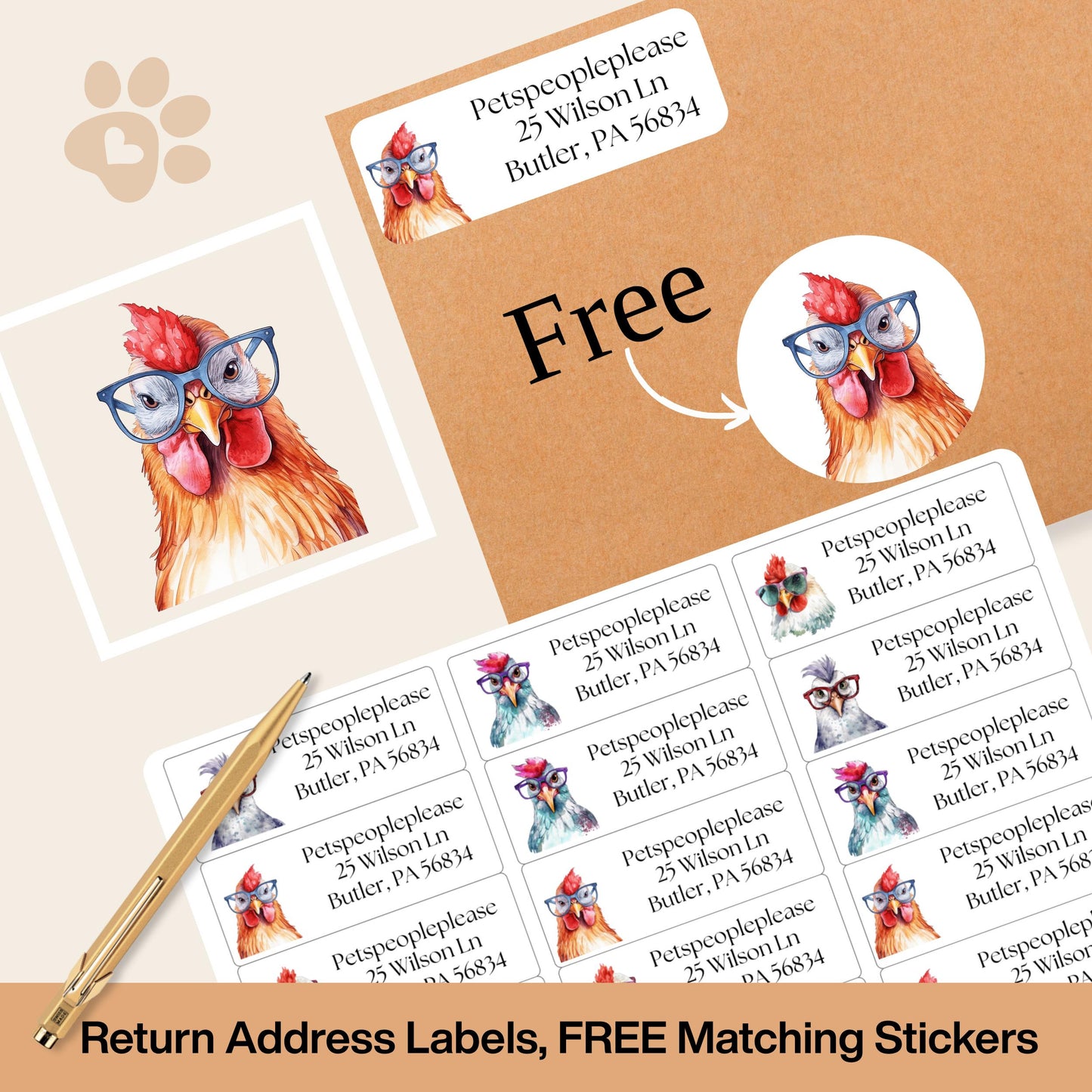 Funny Chickens With Glasses Address Labels With FREE Matching Stickers, Envelope name tags, Custom chicken lady gift, Housewarming new home - The Pawprint Paperie