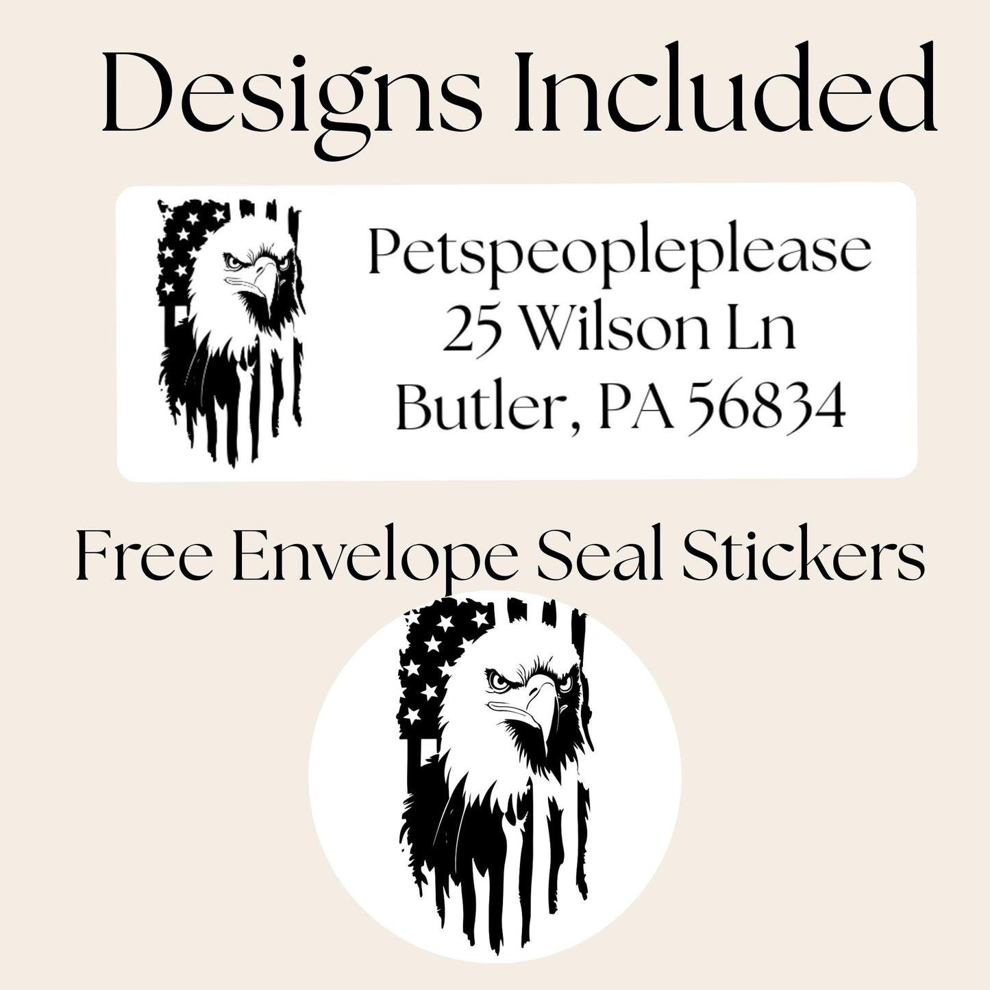 Patriotic Eagle Address Labels, USA Flag Return Stickers, Military Mail Gift, Bald Eagle Envelope Labels with FREE Matching Seal stickers - The Pawprint Paperie