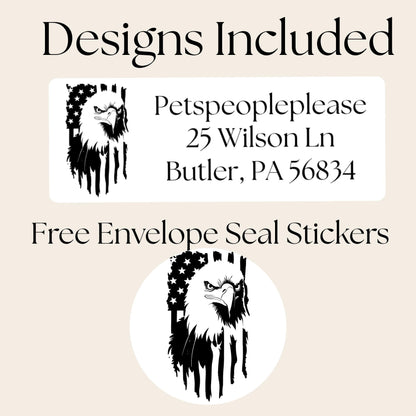 Patriotic Eagle Address Labels, USA Flag Return Stickers, Military Mail Gift, Bald Eagle Envelope Labels with FREE Matching Seal stickers - The Pawprint Paperie