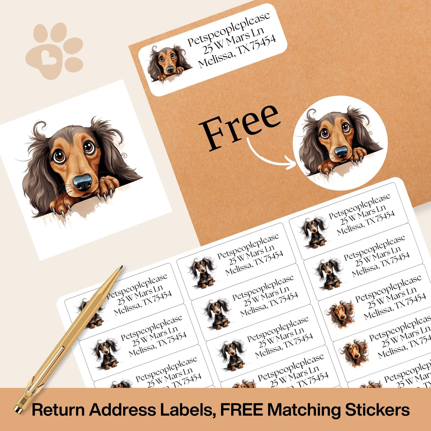 Dachshund Return Address Labels with Dog Stickers: Long-Haired Wiener Dog - The Pawprint Paperie