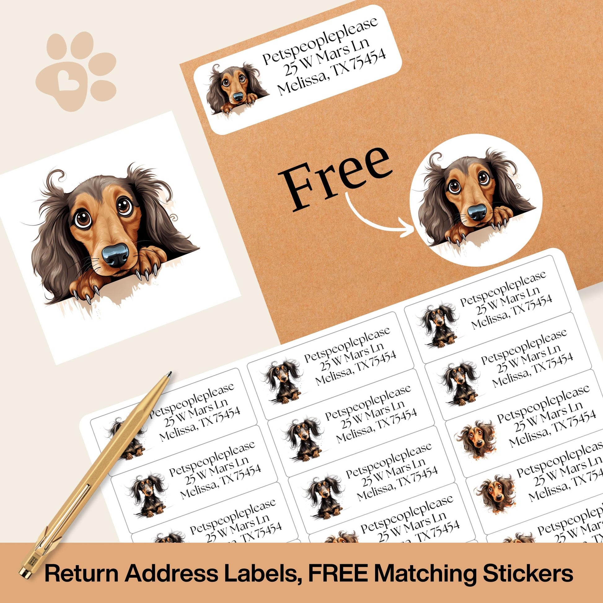 Dachshund Return Address Labels with Dog Stickers: Long-Haired Wiener Dog - The Pawprint Paperie