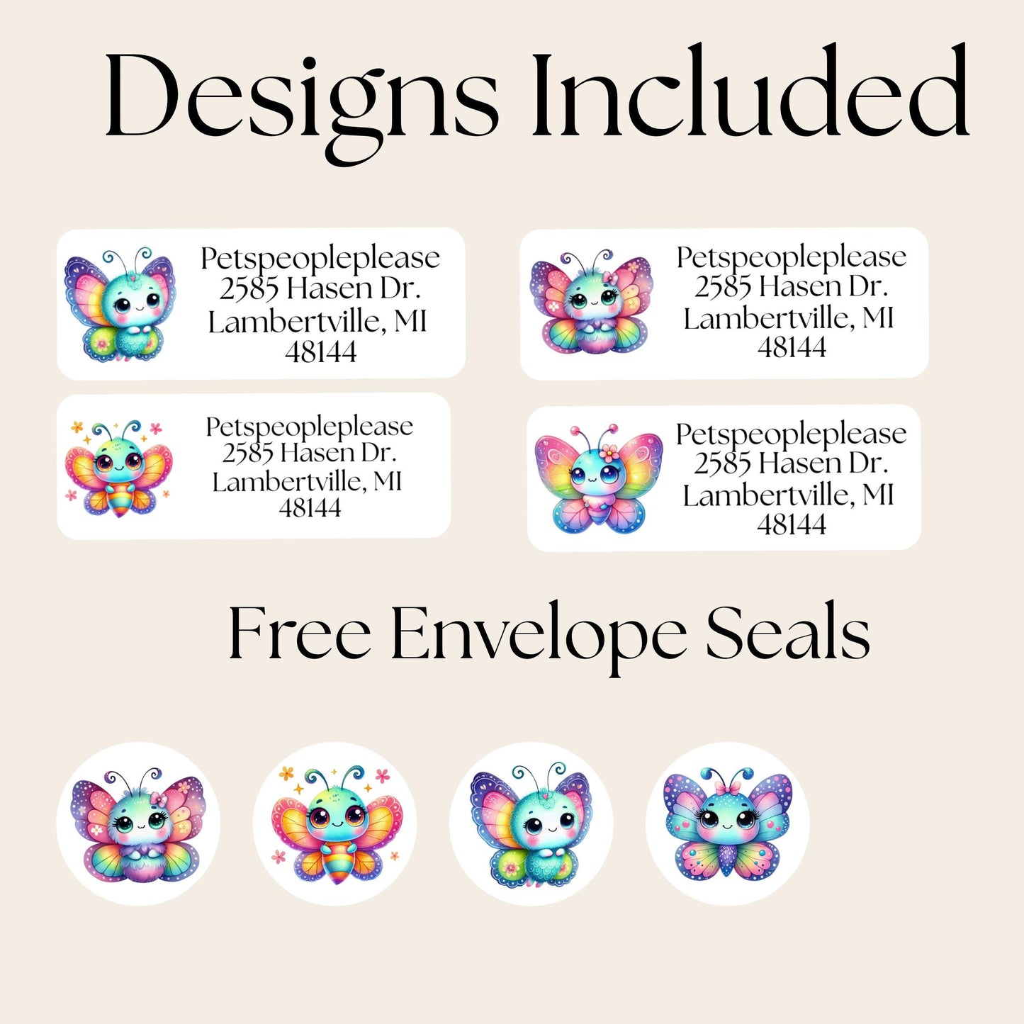 Cute Kawaii Butterfly Return address label kids FREE Matching Stickers, Colorful Rainbow bugs, Mailing Labels Envelopes, Perfect for Camp. - The Pawprint Paperie
