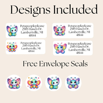 Cute Kawaii Butterfly Return address label kids FREE Matching Stickers, Colorful Rainbow bugs, Mailing Labels Envelopes, Perfect for Camp. - The Pawprint Paperie