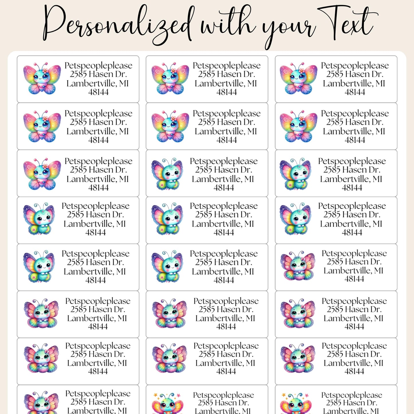 Cute Kawaii Butterfly Return address label kids FREE Matching Stickers, Colorful Rainbow bugs, Mailing Labels Envelopes, Perfect for Camp. - The Pawprint Paperie