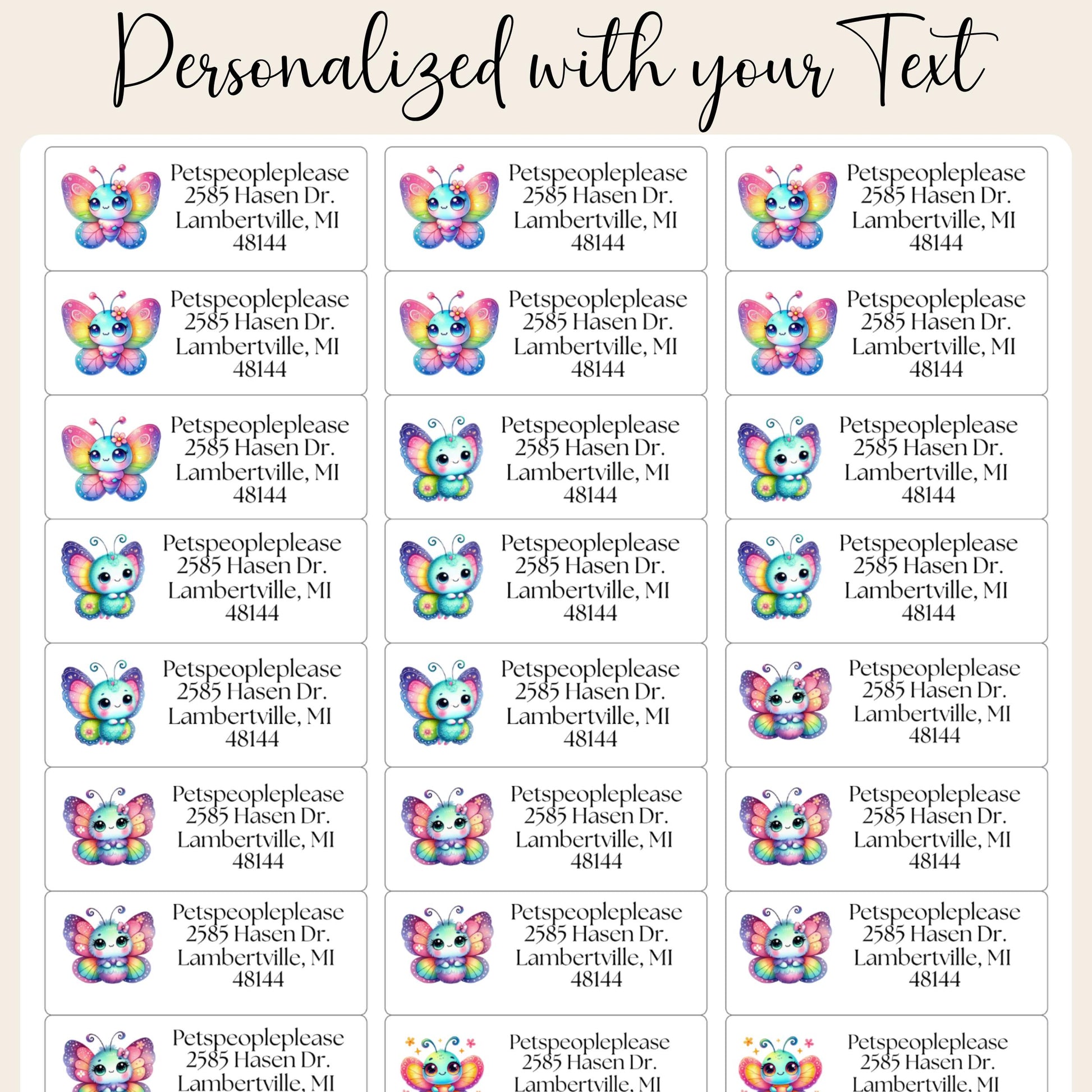 Cute Kawaii Butterfly Return address label kids FREE Matching Stickers, Colorful Rainbow bugs, Mailing Labels Envelopes, Perfect for Camp. - The Pawprint Paperie