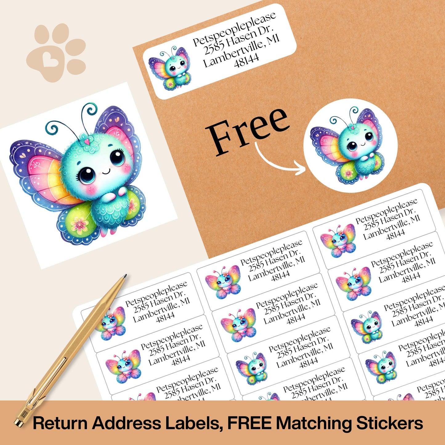 Cute Kawaii Butterfly Return address label kids FREE Matching Stickers, Colorful Rainbow bugs, Mailing Labels Envelopes, Perfect for Camp. - The Pawprint Paperie