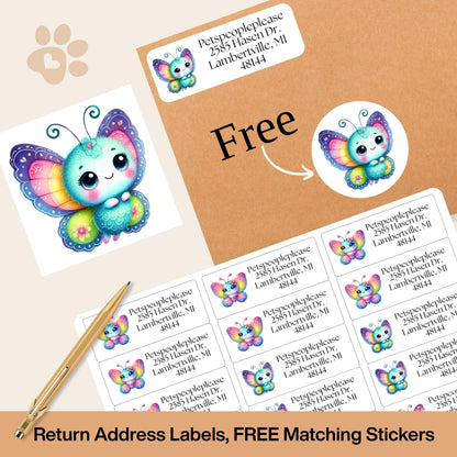 Cute Kawaii Butterfly Return address label kids FREE Matching Stickers, Colorful Rainbow bugs, Mailing Labels Envelopes, Perfect for Camp. - The Pawprint Paperie