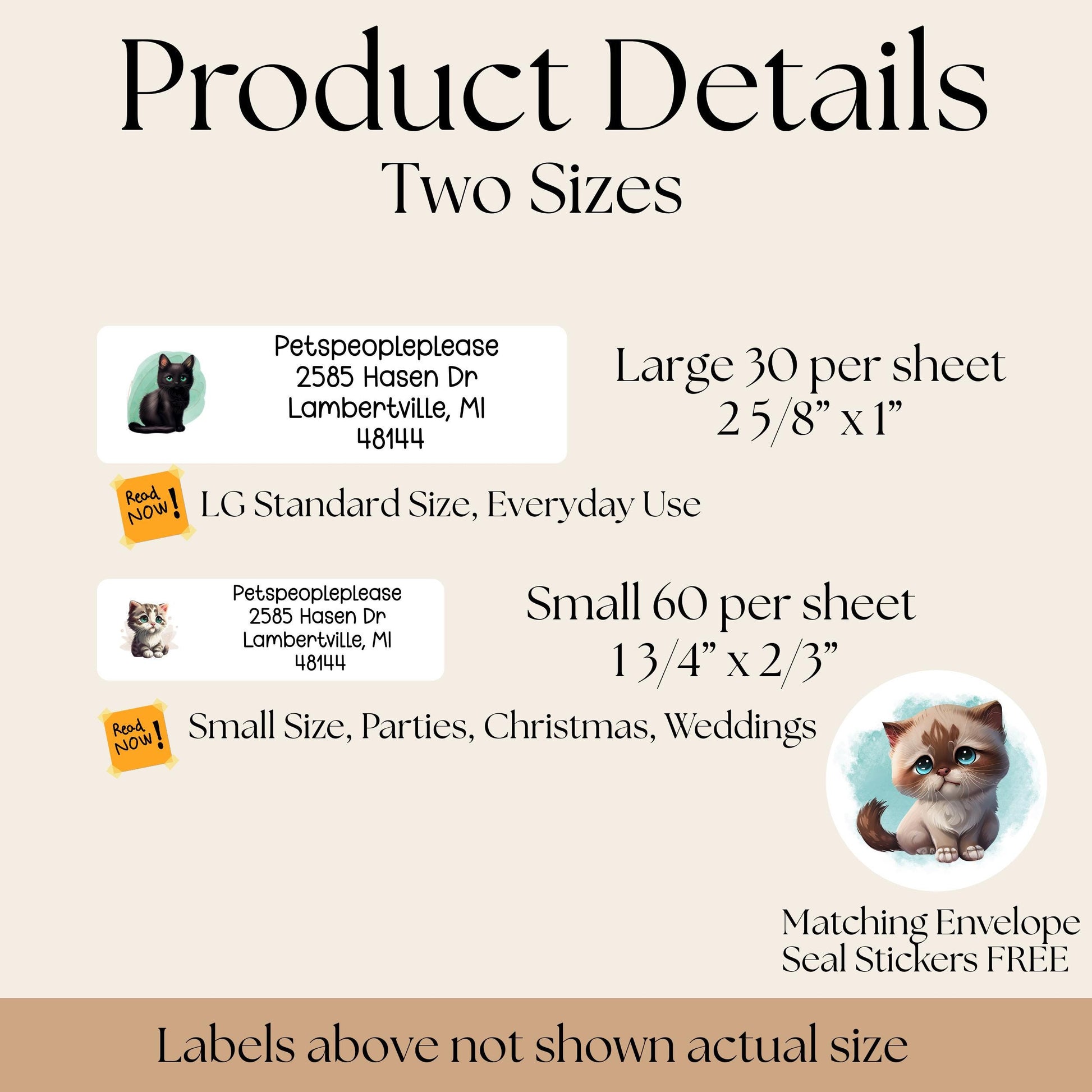 Pretty Cats Return Address Labels, FREE Matching Envelope Seal Stickers, Personalized Cat mom Gift, 6 designs, Black, Siamese, Orange, Tabby - The Pawprint Paperie