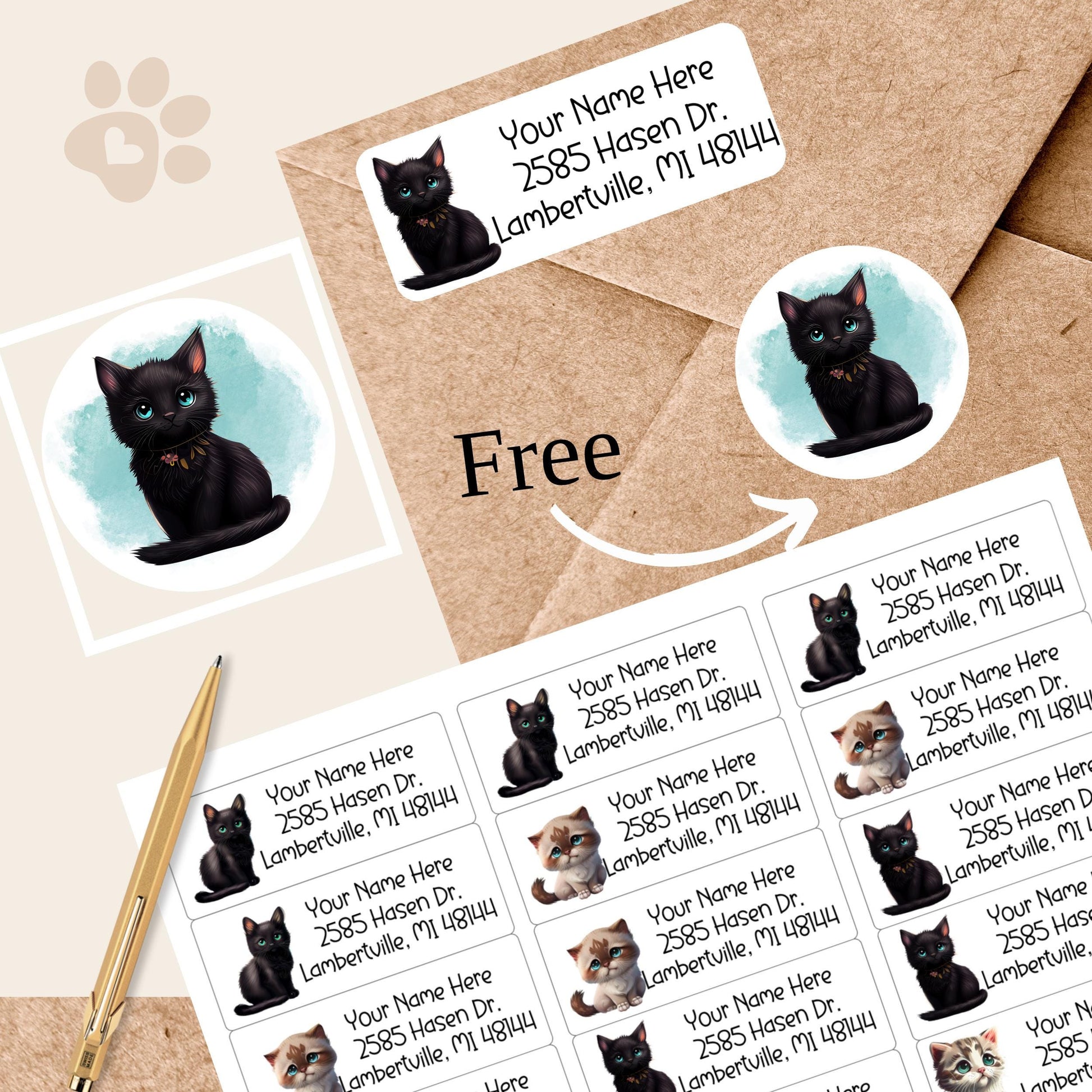 Pretty Cats Return Address Labels, FREE Matching Envelope Seal Stickers, Personalized Cat mom Gift, 6 designs, Black, Siamese, Orange, Tabby - The Pawprint Paperie