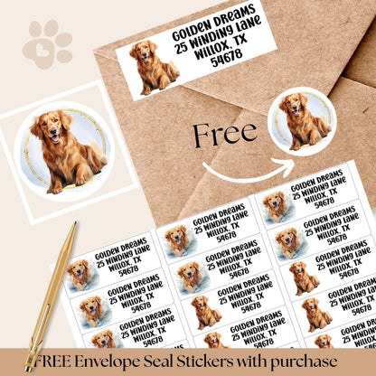 Golden Retriever Return Address Label Sheet, FREE Matching Envelope Seal Stickers, Personalized mailing Dog Mom Gift, Snail Mail Gift Set - The Pawprint Paperie
