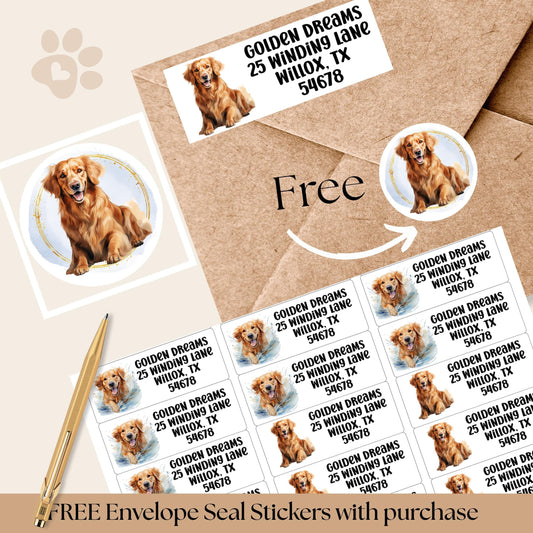 Golden Retriever Return Address Label Sheet, FREE Matching Envelope Seal Stickers, Personalized mailing Dog Mom Gift, Snail Mail Gift Set - The Pawprint Paperie