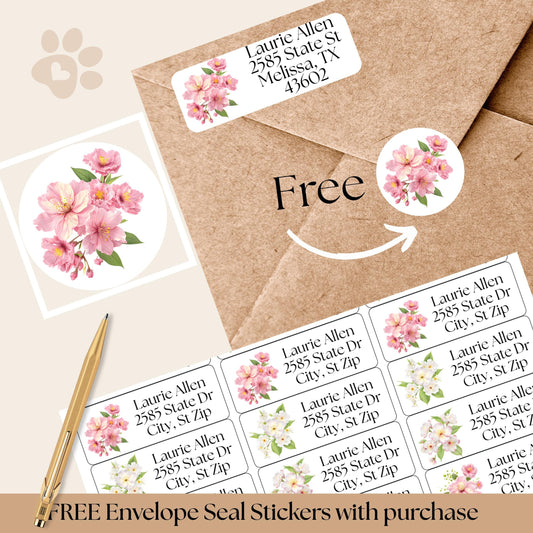 Cherry Blossom Return Address Labels, FREE Envelope Seal Stickers, Custom Pink Labels, Floral Happy Mail sheet, Snail Mail Gift, Pen Pal - The Pawprint Paperie