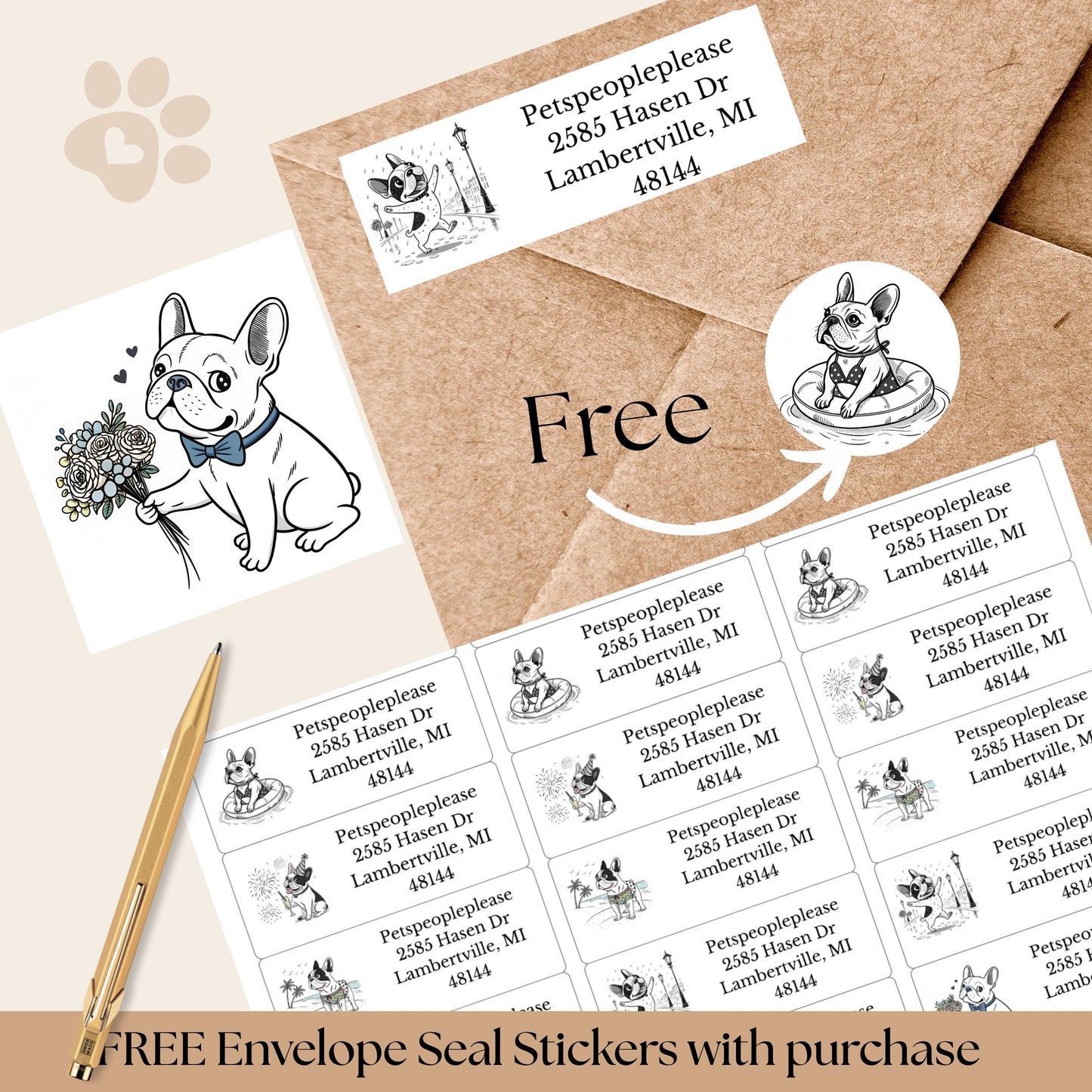 Personalized French Bulldog return address label, Custom Frenchie envelope addressing, Minimalist line art - Letter Seal Stickers - The Pawprint Paperie
