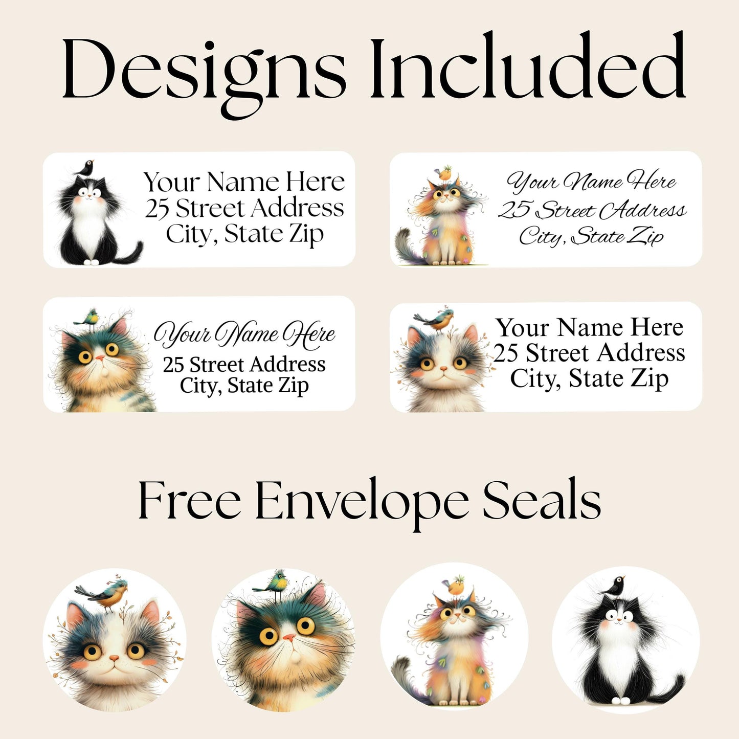 Funny Cat & Birds Return Address Labels with FREE Stickers - The Pawprint Paperie
