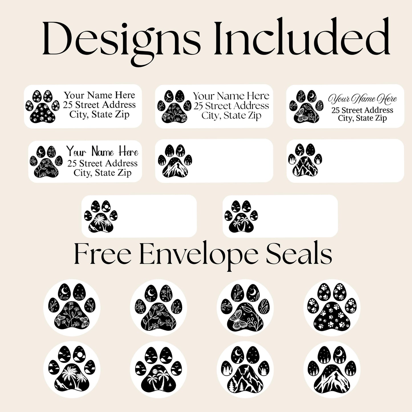 Paw Print Address Labels, 8 Design Choices, Free Envelope Seals, Custom Printed Stickers - The Pawprint Paperie