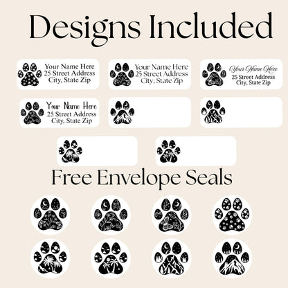 Paw Print Address Labels, 8 Design Choices, Free Envelope Seals, Custom Printed Stickers - The Pawprint Paperie