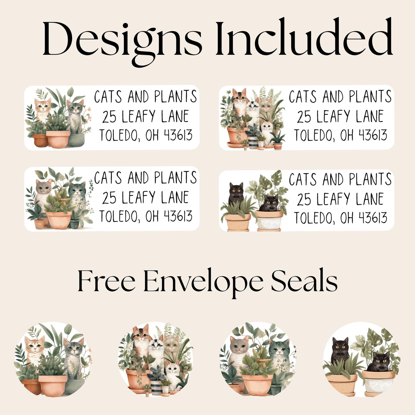 Cats and Plants Return Address Labels, Botanical Cat Envelope Stickers, FREE Bonus Seals, Cute Custom Mailing Label, Unique Cat Mom Gift - The Pawprint Paperie