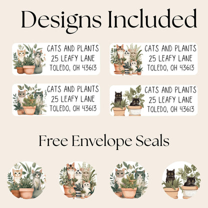 Cats and Plants Return Address Labels, Botanical Cat Envelope Stickers, FREE Bonus Seals, Cute Custom Mailing Label, Unique Cat Mom Gift - The Pawprint Paperie